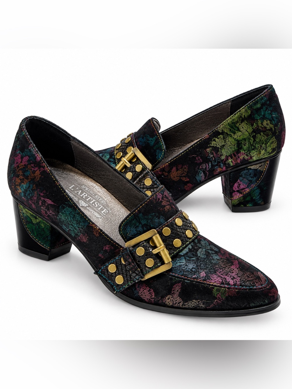 Spring Step Women’s 37 Floral Brocade Loafer Pumps Studded Buckle Block Heel